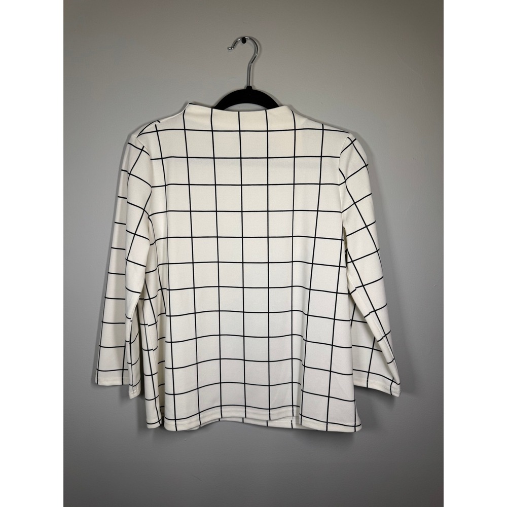 Melloday Womens Grid Print Mock Neck Blouse White Black Exposed Back Zip Top